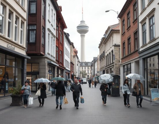 Stuttgart city center on a cloudy day, representing the economic conditions in Baden-Wuerttemberg.