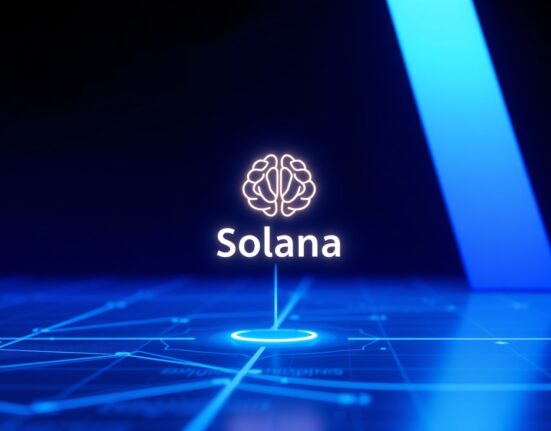 Digital interface showing Solana blockchain symbol integrated with AI brain icon representing B.AI's new payment infrastructure