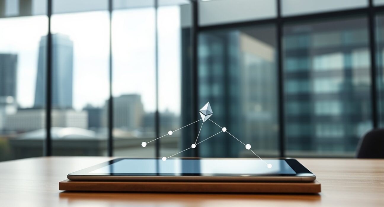 A tablet displaying a blockchain network graphic on a desk in a modern London office with city view