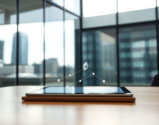 A tablet displaying a blockchain network graphic on a desk in a modern London office with city view