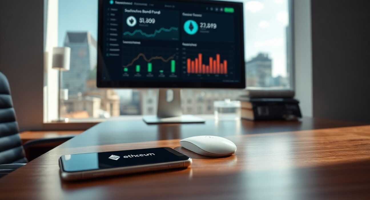 Financial desk with blockchain bond fund dashboard on monitor showing Solana and Ethereum logos