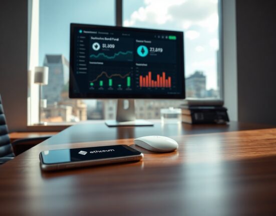 Financial desk with blockchain bond fund dashboard on monitor showing Solana and Ethereum logos