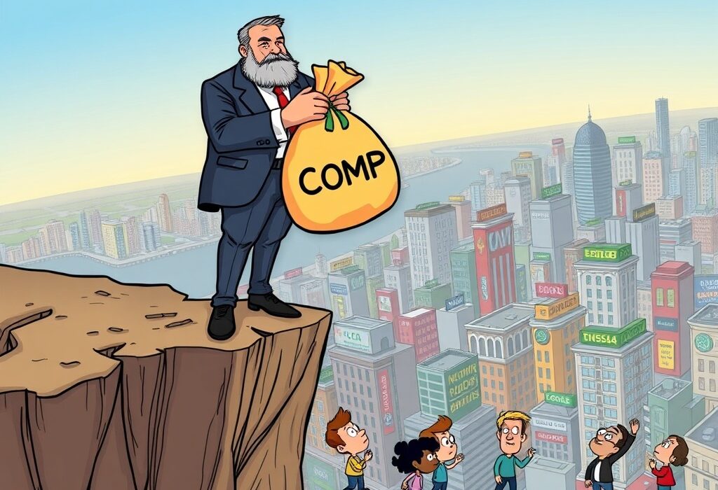 A cartoon illustration showing a large investor contemplating a Bain Capital Ventures COMP sale, signaling potential crypto market impact.