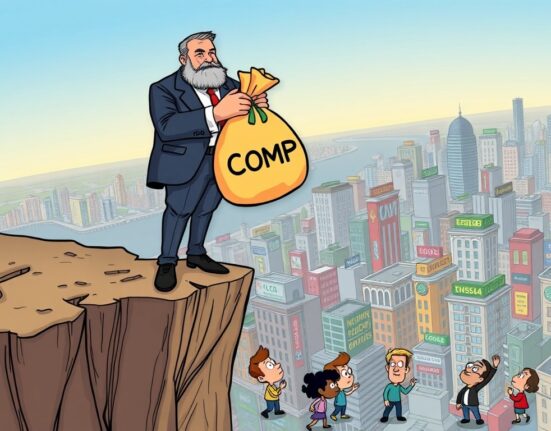A cartoon illustration showing a large investor contemplating a Bain Capital Ventures COMP sale, signaling potential crypto market impact.