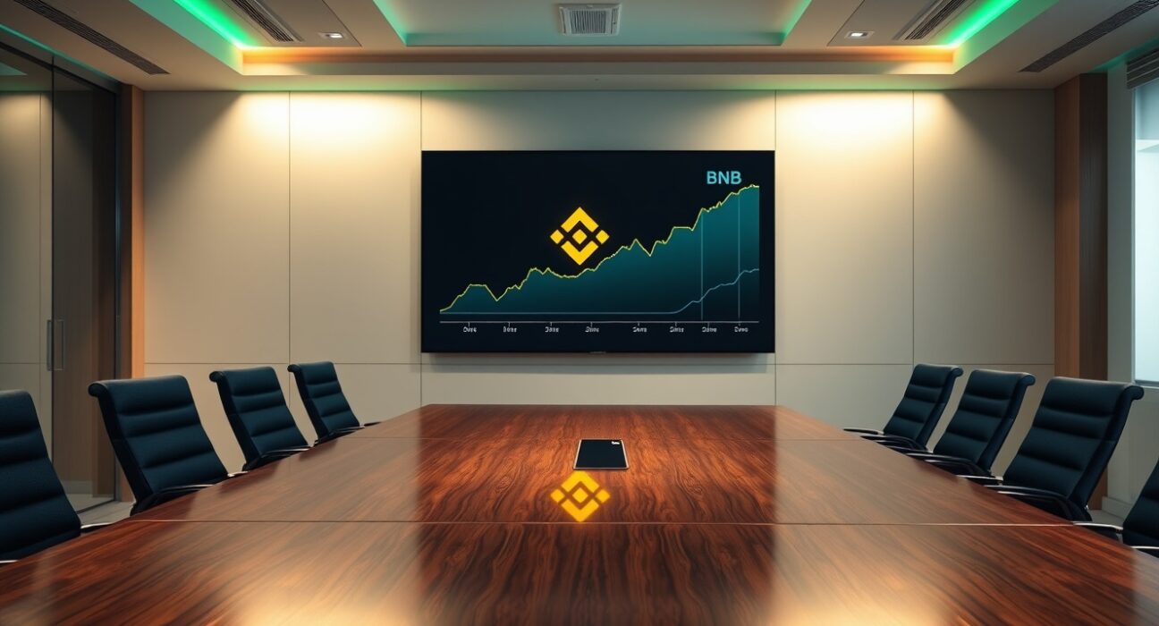 Corporate boardroom with digital screen showing BNB logo and price chart, representing Baiya International Group's cryptocurrency investment.