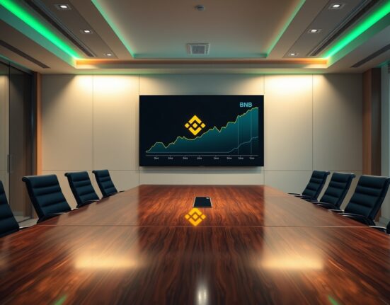 Corporate boardroom with digital screen showing BNB logo and price chart, representing Baiya International Group's cryptocurrency investment.