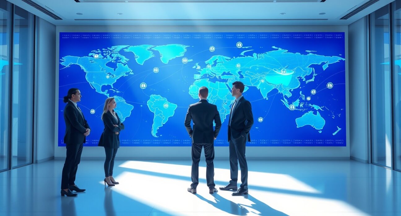 Bakkt acquisition of DTR team reviewing stablecoin infrastructure and digital payment layer on a large screen in a modern office