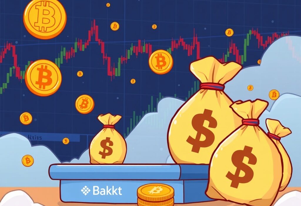 Cartoon illustration depicting Bakkt's Bitcoin investment strategy amidst market volatility, with money and crypto symbols.