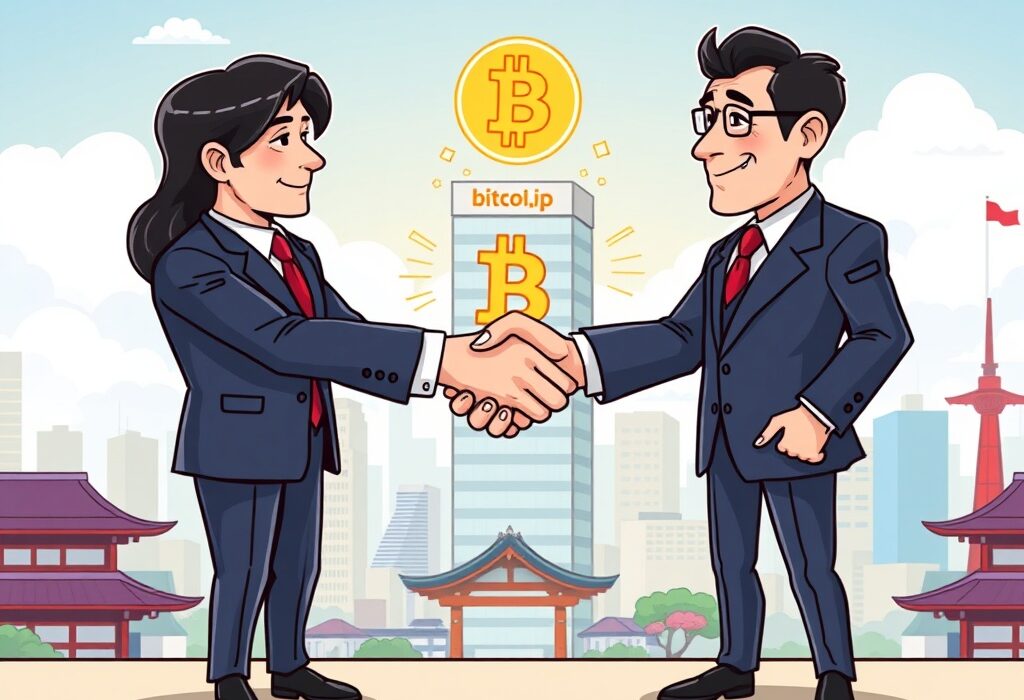 Cartoon illustration showing Bakkt's strategic Bakkt acquisition of a Japanese company, signaling significant crypto expansion in Japan with bitcoin.jp launch.