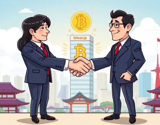 Cartoon illustration showing Bakkt's strategic Bakkt acquisition of a Japanese company, signaling significant crypto expansion in Japan with bitcoin.jp launch.