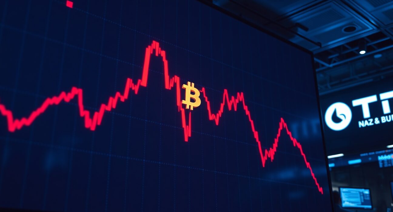 Digital trading screen showing a steep red decline representing the Balance Coin stablecoin crash after 42DAO exploit.