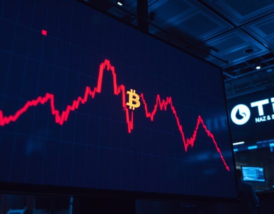 Digital trading screen showing a steep red decline representing the Balance Coin stablecoin crash after 42DAO exploit.