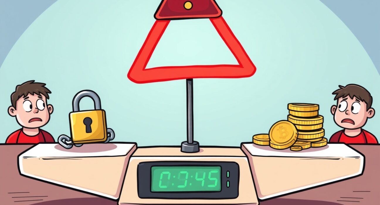 A visual metaphor for Balancer cautionary investment status, showing digital assets under a security alert, with suspended deposits.