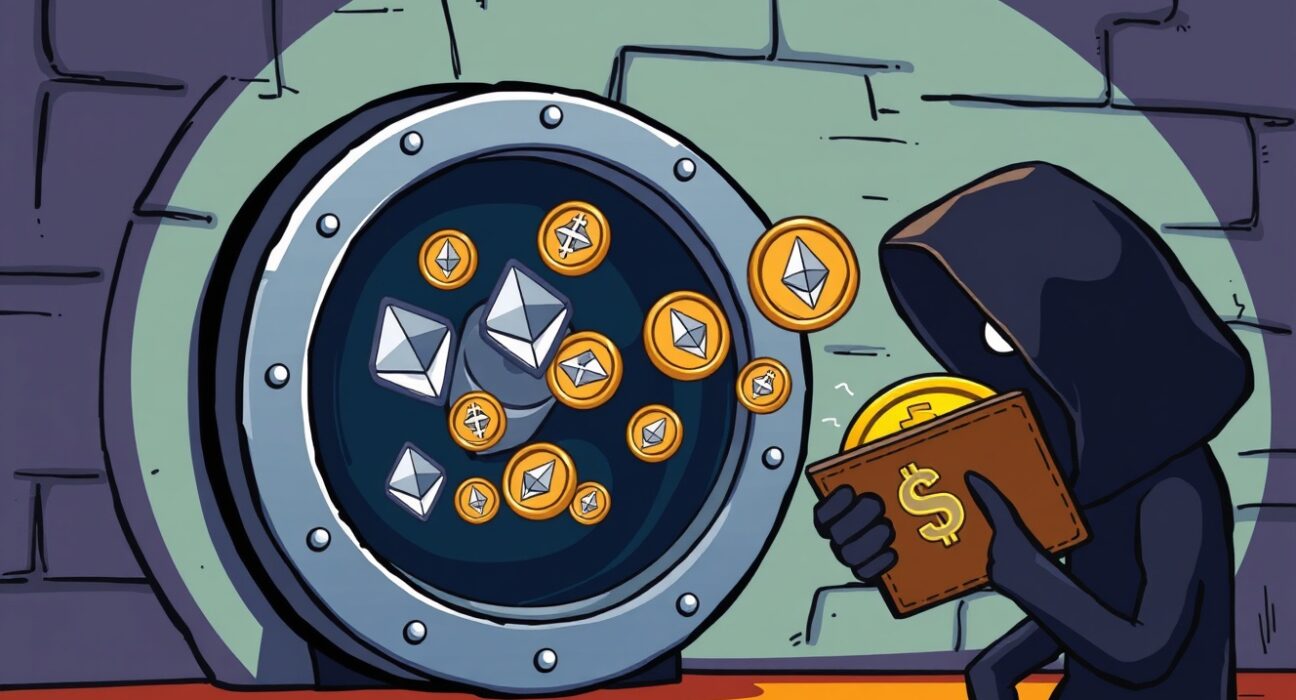 Cartoon showing a digital vault compromised, representing the potential Balancer exploit and the outflow of $70M in ETH.