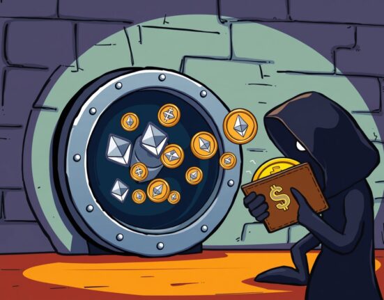 Cartoon showing a digital vault compromised, representing the potential Balancer exploit and the outflow of $70M in ETH.