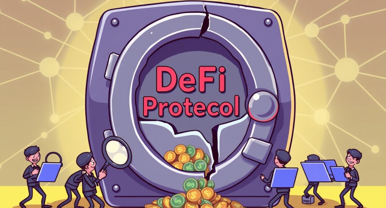 Cartoon illustration of an urgent investigation into a Balancer hack, with digital assets spilling from a compromised DeFi vault.