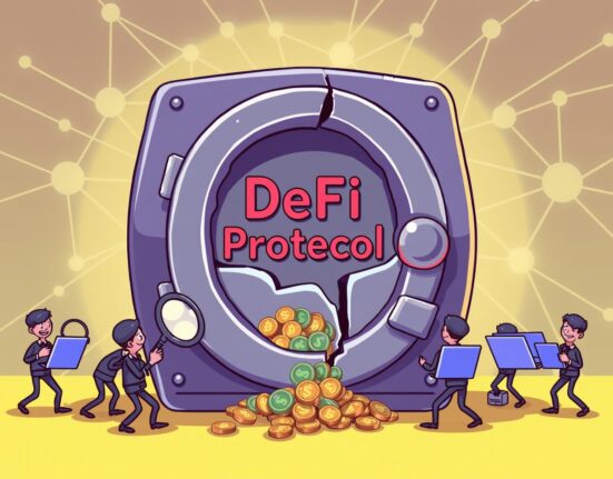 Cartoon illustration of an urgent investigation into a Balancer hack, with digital assets spilling from a compromised DeFi vault.