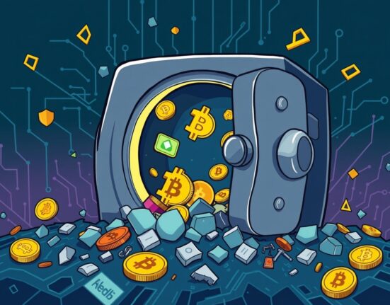 A cartoon illustration showing the staggering Balancer hack losses with digital assets spilling from a broken safe.