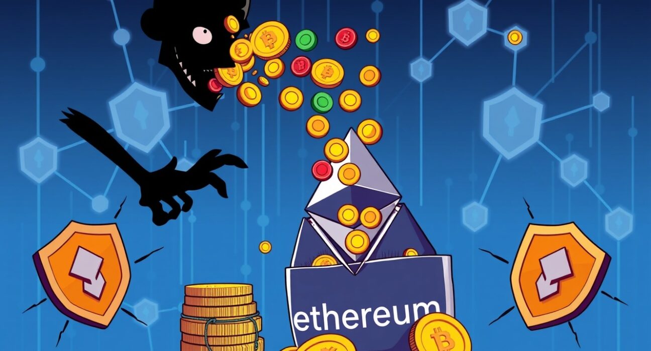 Balancer hacker converting stolen cryptocurrency into Ethereum in blockchain network illustration