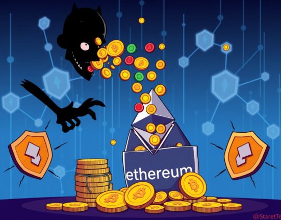 Balancer hacker converting stolen cryptocurrency into Ethereum in blockchain network illustration