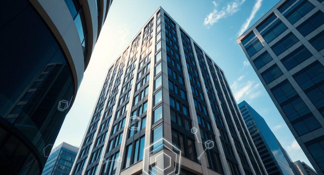 Modern office building with digital blockchain overlay representing real estate technology investment.