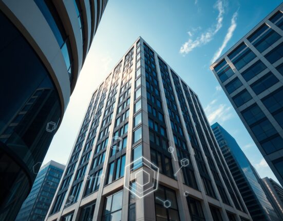 Modern office building with digital blockchain overlay representing real estate technology investment.