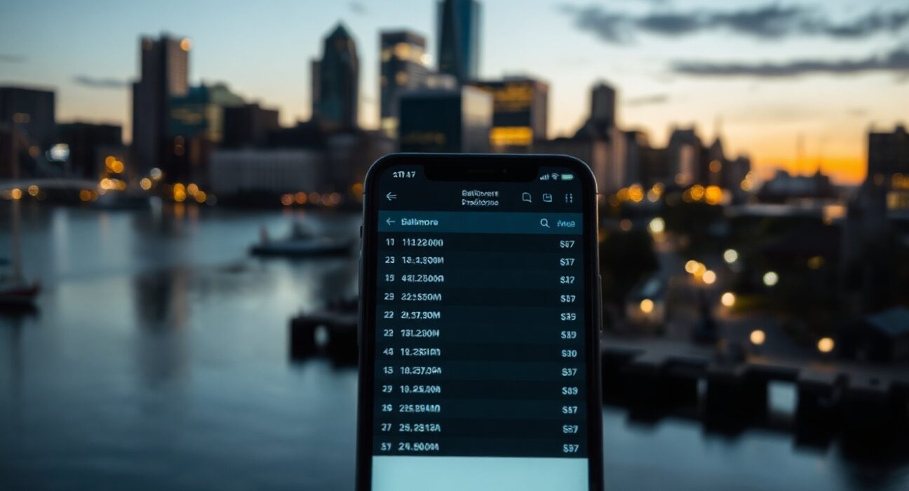 Baltimore skyline with a smartphone showing a sports prediction market interface