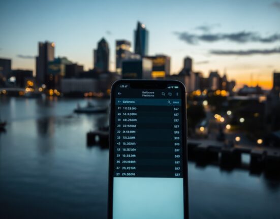 Baltimore skyline with a smartphone showing a sports prediction market interface