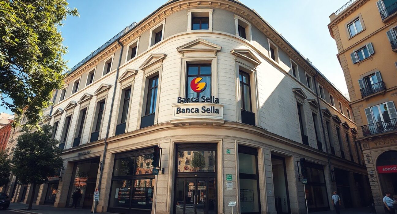 Exterior of Banca Sella bank building in Italy on a sunny day