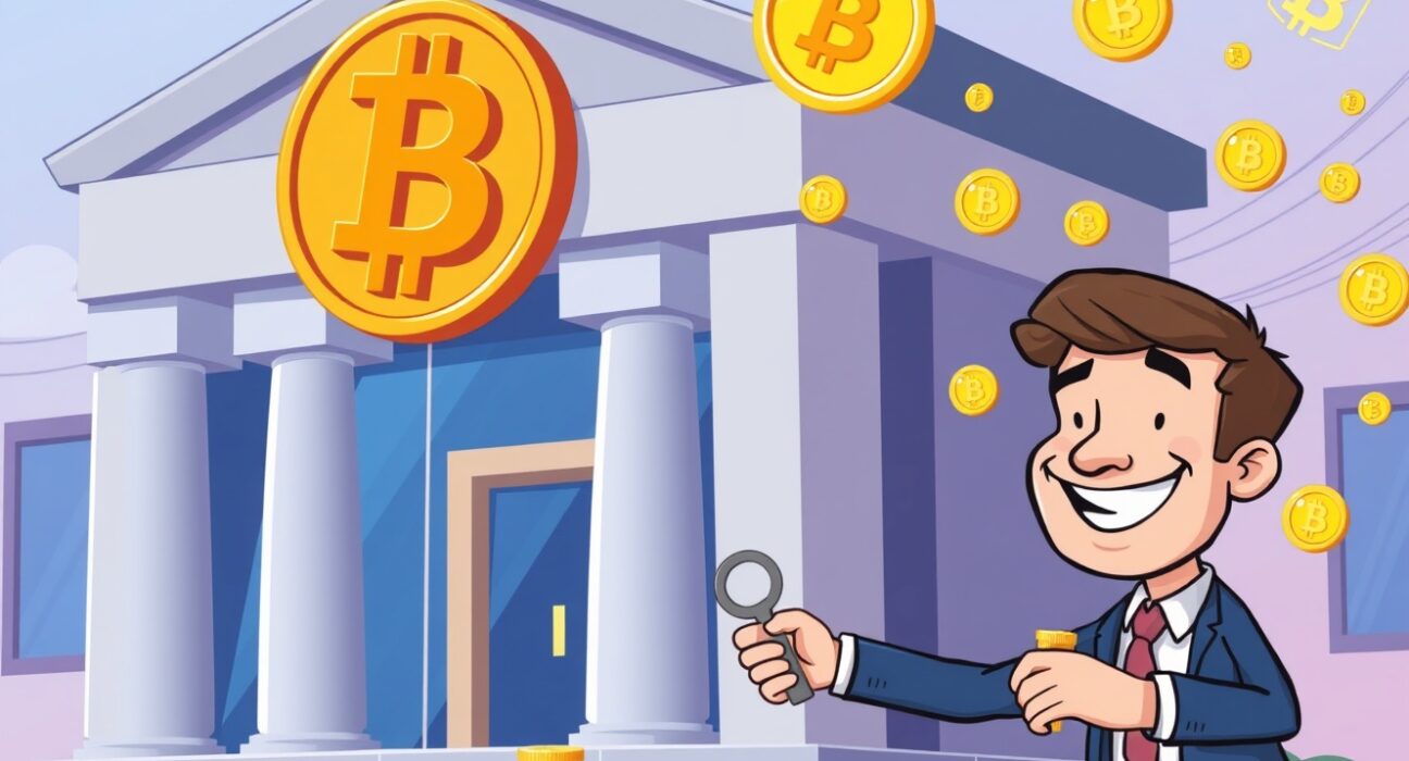 A vibrant cartoon illustration showing Bank of America offering BTC-collateralized credit loans to unlock Bitcoin's financial potential.