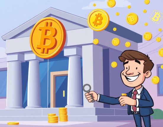 A vibrant cartoon illustration showing Bank of America offering BTC-collateralized credit loans to unlock Bitcoin's financial potential.