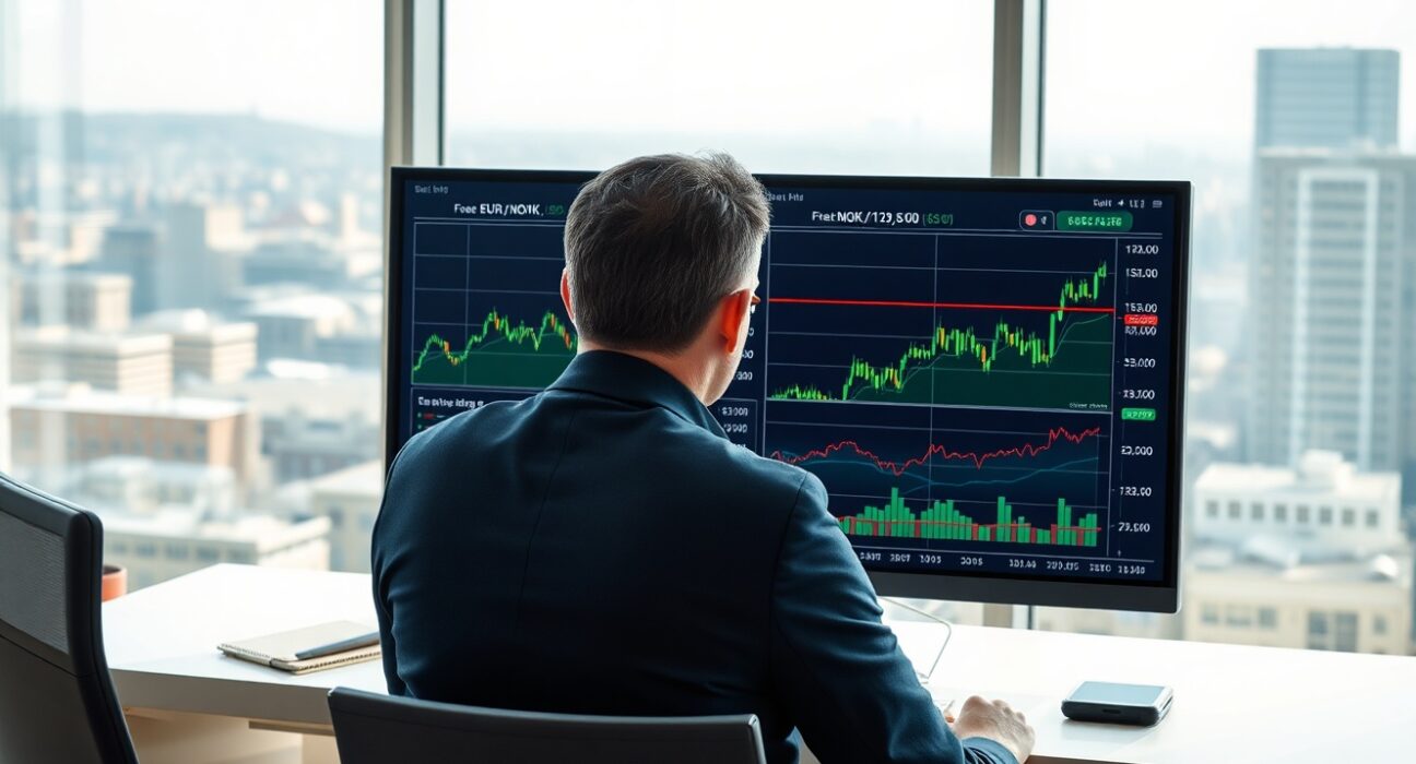 Financial analyst reviewing EUR/NOK currency exchange rate charts with Bank of America upgrade