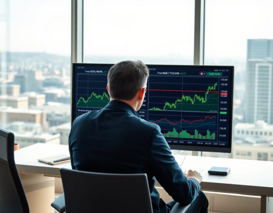 Financial analyst reviewing EUR/NOK currency exchange rate charts with Bank of America upgrade