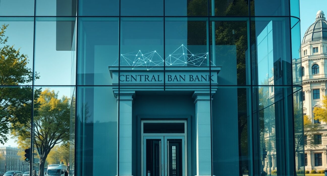 Bank of Canada building with blockchain network overlay representing DeFi feasibility report.