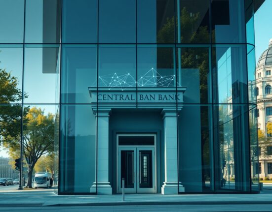 Bank of Canada building with blockchain network overlay representing DeFi feasibility report.