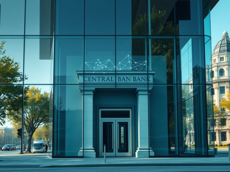 Bank of Canada building with blockchain network overlay representing DeFi feasibility report.