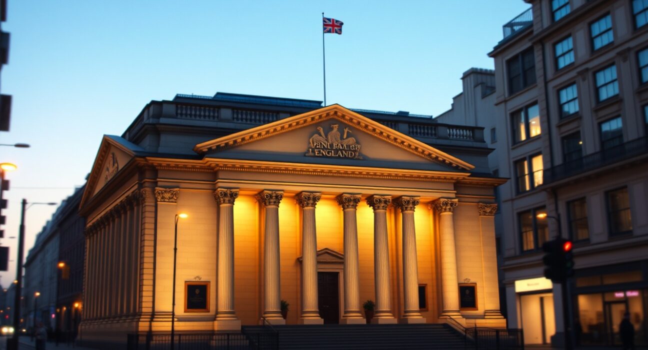 Bank of England building representing monetary policy decisions during energy market volatility