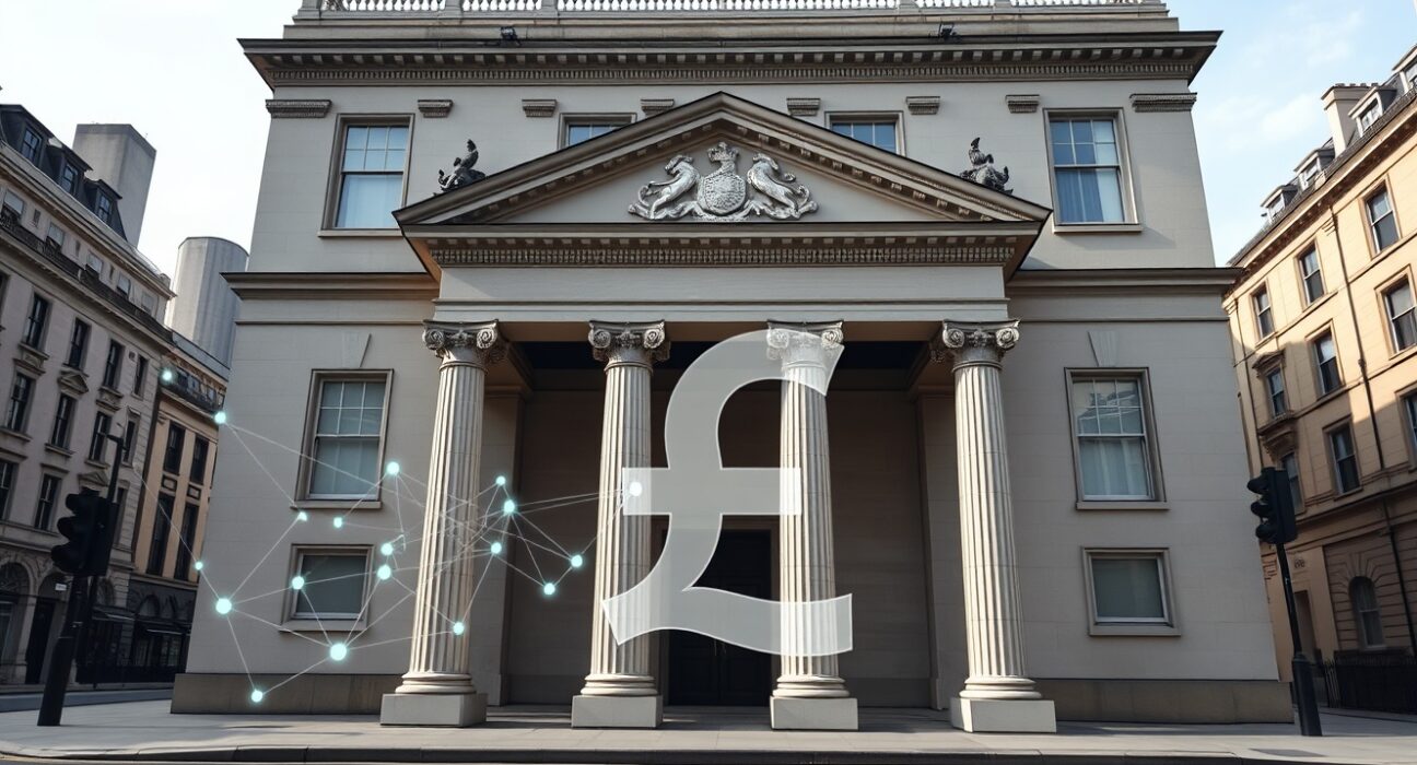 Bank of England building representing potential changes to pound-pegged stablecoin regulation.