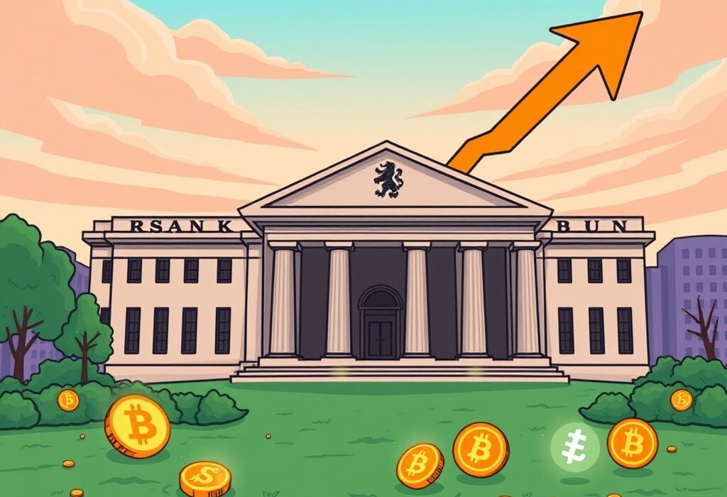 A cartoon image illustrating the Bank of England rate cut and its potential crypto market impact.