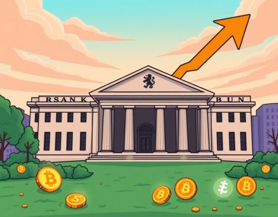 A cartoon image illustrating the Bank of England rate cut and its potential crypto market impact.