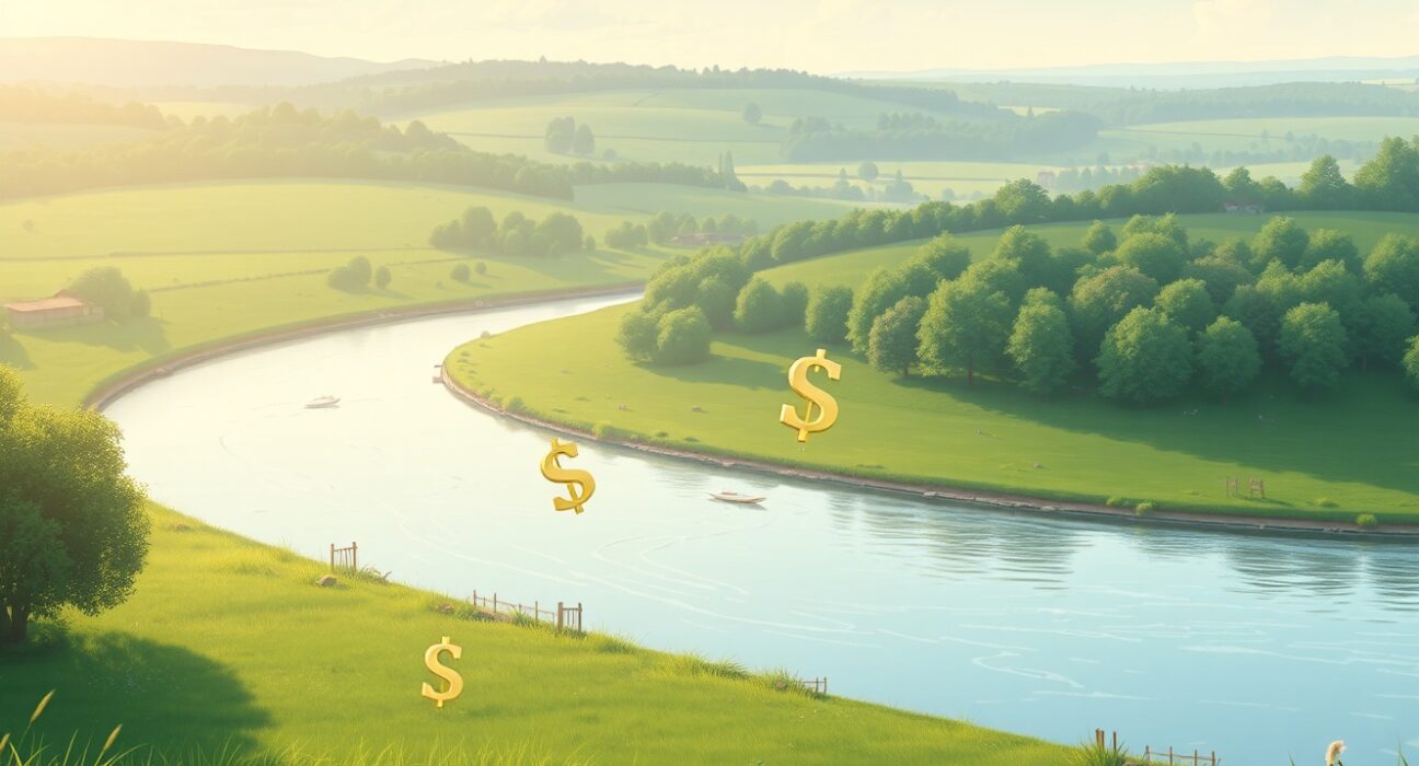Bank of England monetary policy shift visualized as a gentle river through English countryside