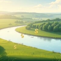 Bank of England monetary policy shift visualized as a gentle river through English countryside