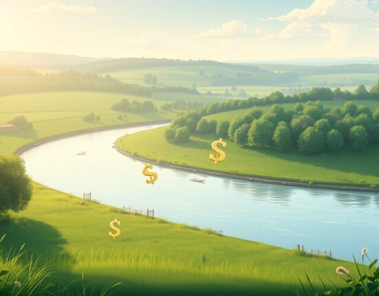 Bank of England monetary policy shift visualized as a gentle river through English countryside