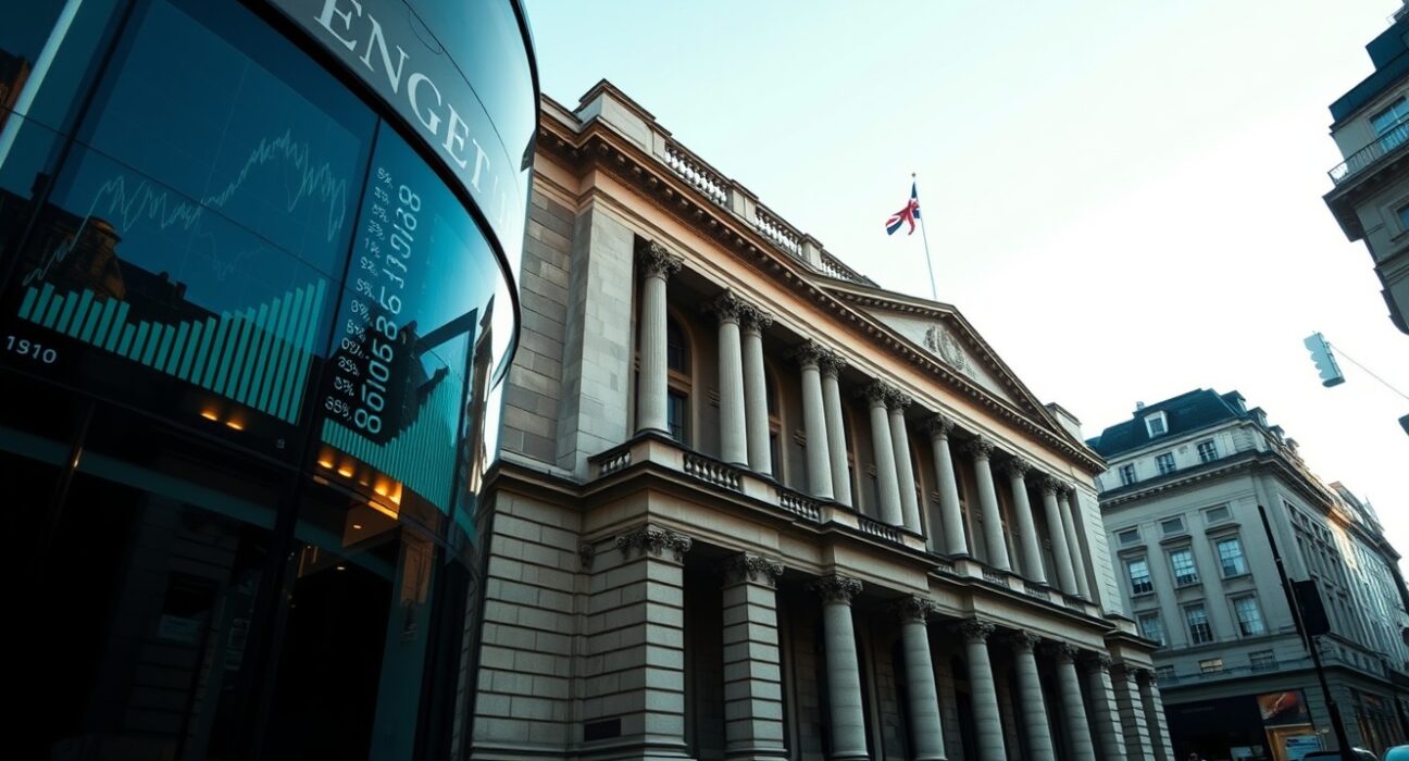 Bank of England building with reflected financial data showing changing interest rate expectations