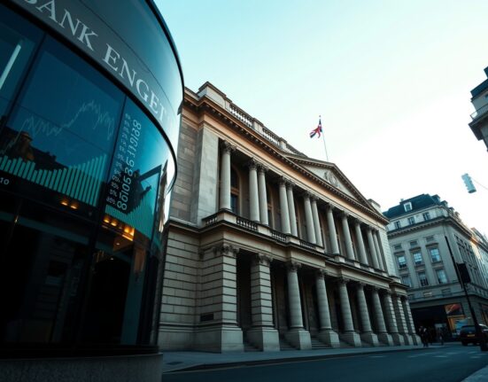Bank of England building with reflected financial data showing changing interest rate expectations