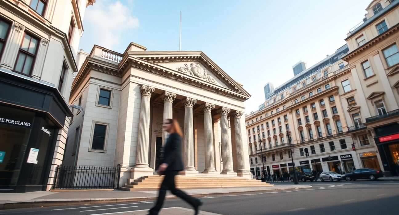 Bank of England building representing monetary policy and interest rate decisions forecast through 2026.