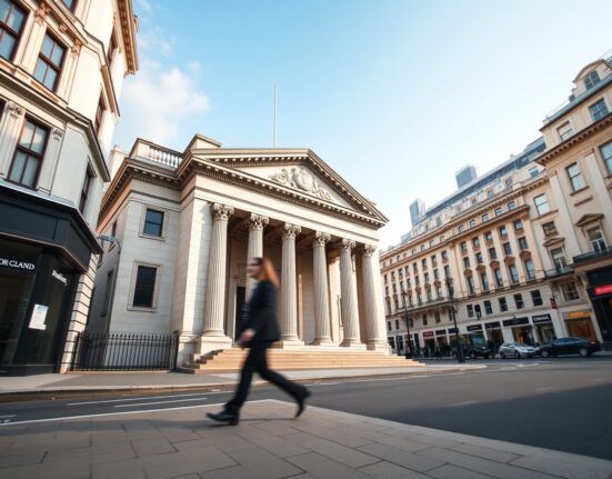 Bank of England building representing monetary policy and interest rate decisions forecast through 2026.
