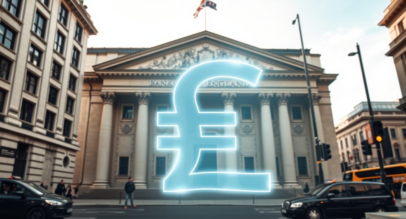 Bank of England building with digital pound symbol representing evolving stablecoin regulation.