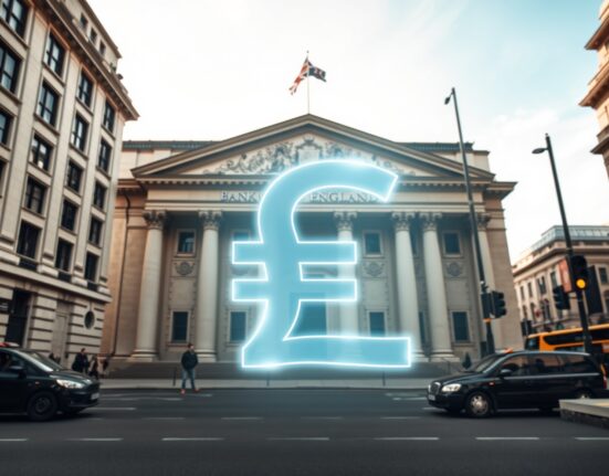 Bank of England building with digital pound symbol representing evolving stablecoin regulation.