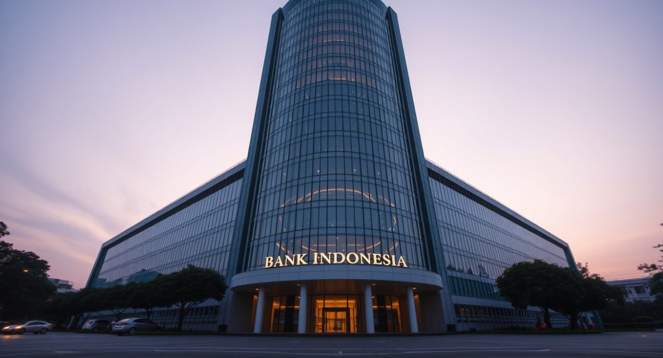 Bank Indonesia headquarters in Jakarta at dusk with warm lighting